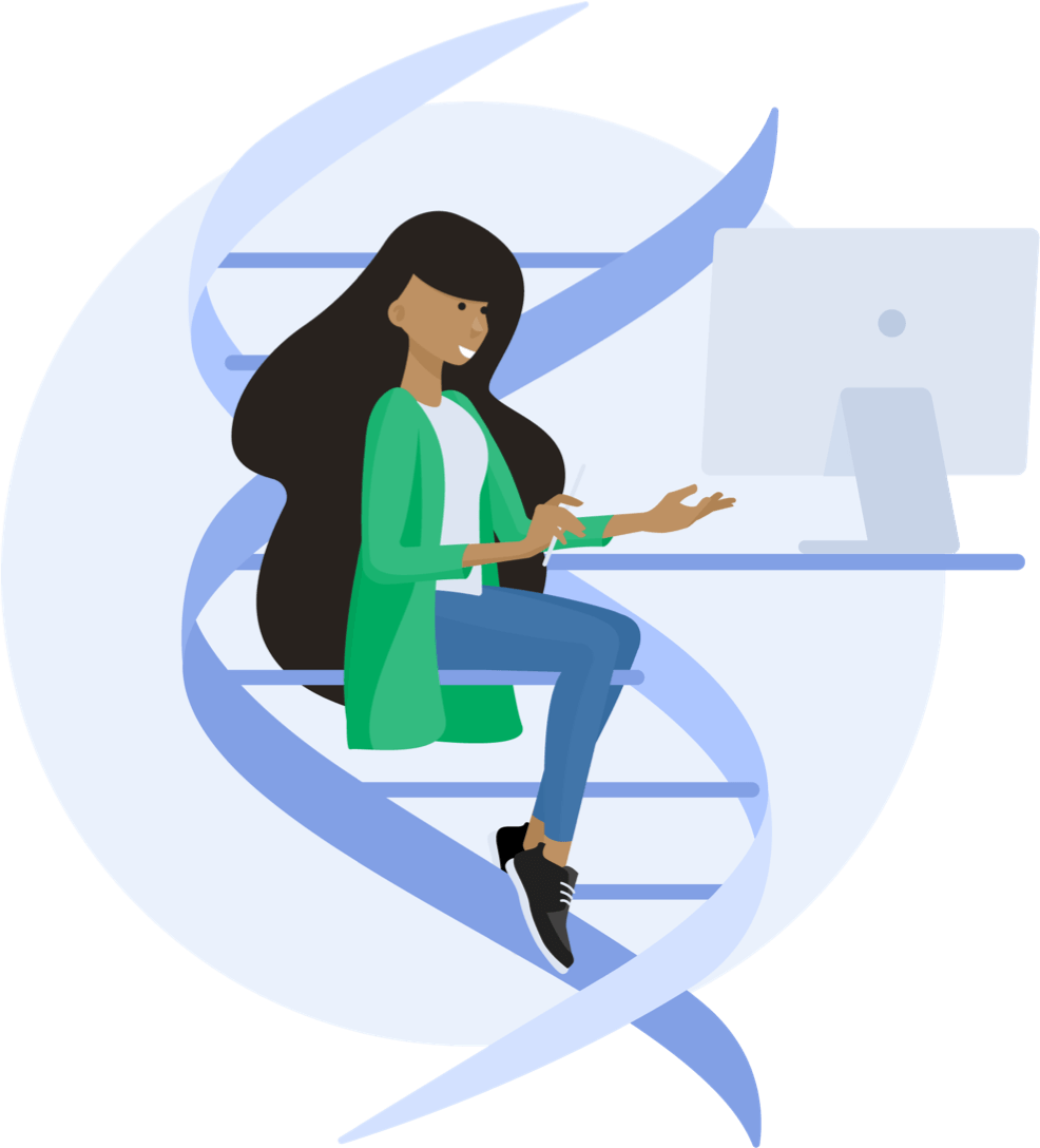 Illustration of woman at computer with DNA