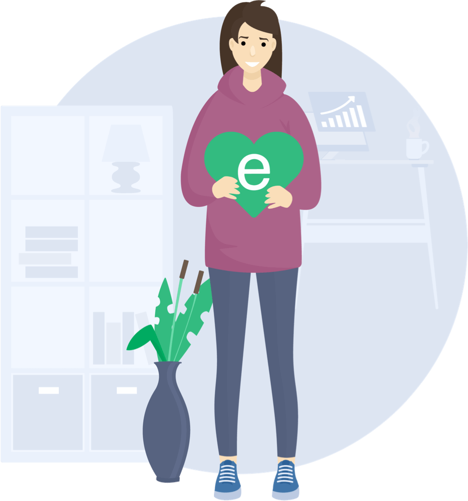 Illustration of woman holding green heart with EarnUp logo